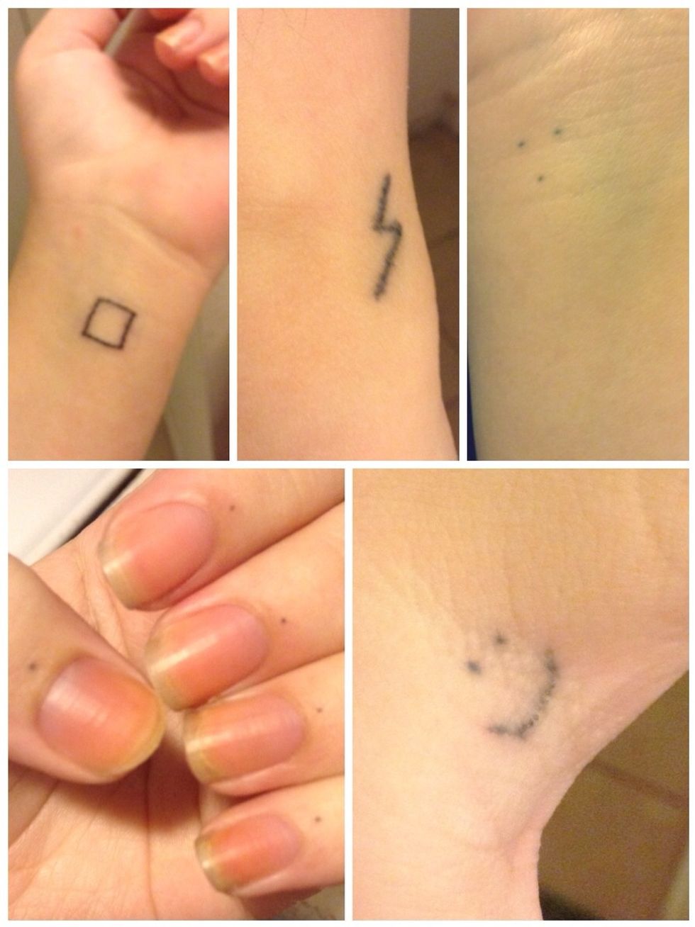 Everything is on my left hand except the trio of dots on my inner right wrist. Square and lightning bolt are on my wrist. Smiley face is in between my thumb and pointer finger. Dots by my cuticles.