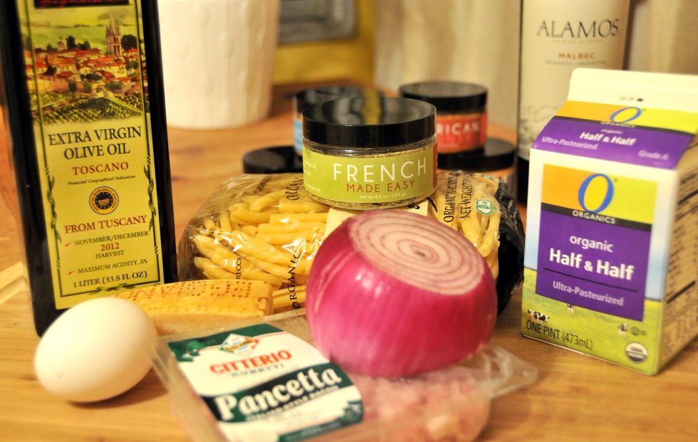 Everything you need. If you're lucky to have a Trader Joes near by, then you can easily buy already diced pancetta. If not, your local meat shop should have it!
