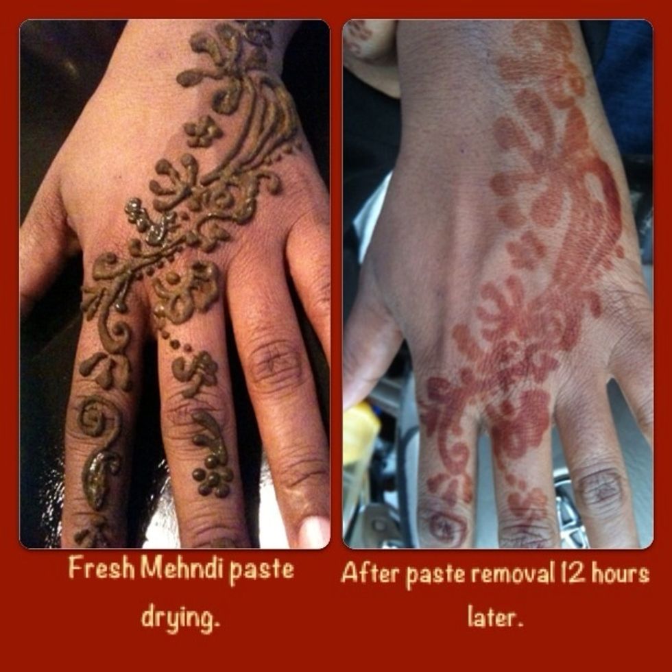 Example of before and after photos of Henna Mehndi. Henna used here is by Menna from the Sudan. Tip: keep henna on as long a possible . Your design will darken in 24 to 48 hrs after removal.