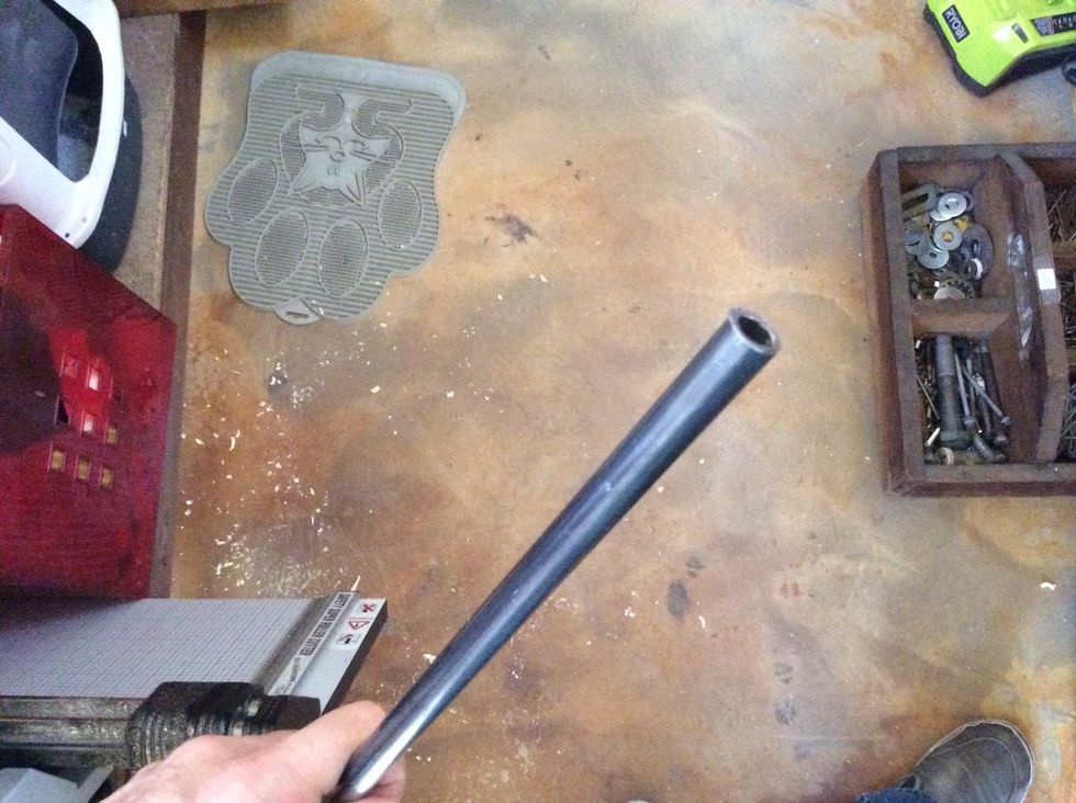Example of hollow steel tube. This is the 1/4 inch thinner tube, which can be found at Home Depot. The bolt will sit inside this with a washer where it attaches to the wall.