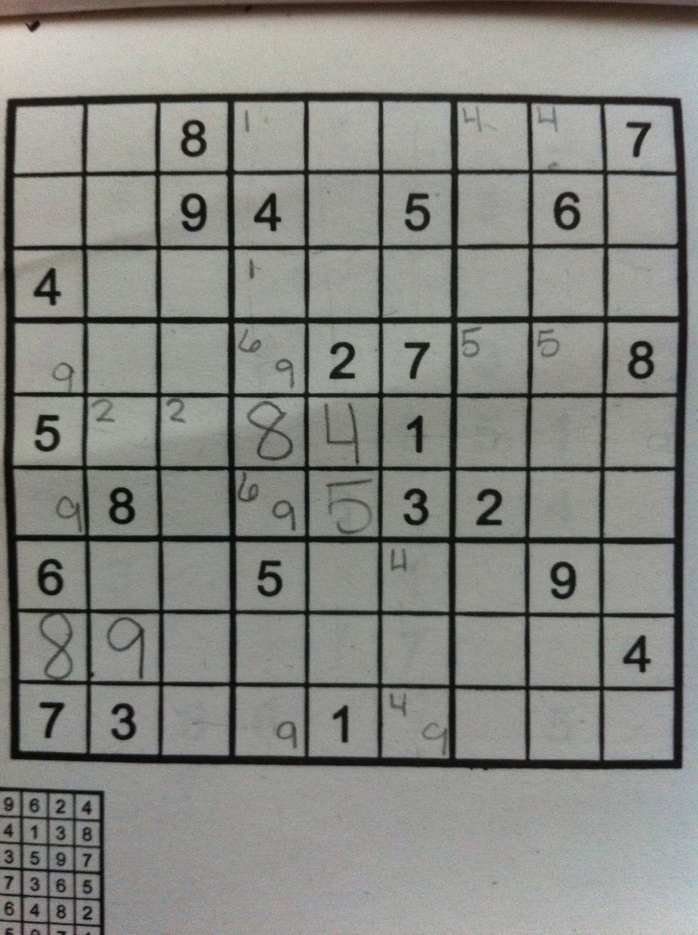 Except the 9's in the center square show me that I need to get rid of the 9 beneath them. So the 9 in the bottom right hand corner of the bottom center square is the only choice.
