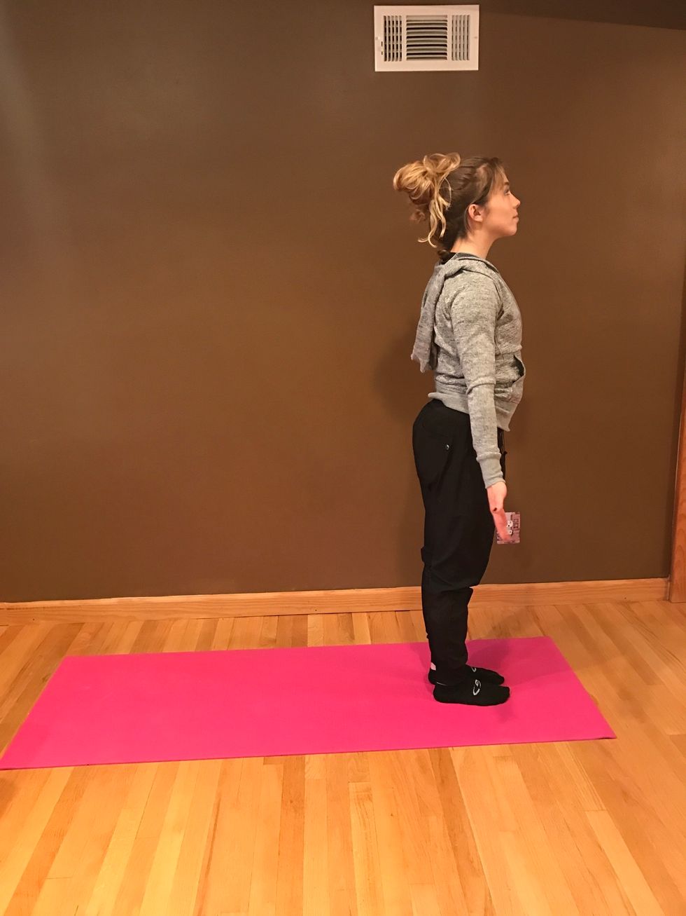 Exhale as you lower your arms. Begin the sun salutation from the beginning. Try to repeat the entire sequence with one pose flowing into the next. Remember your breath!