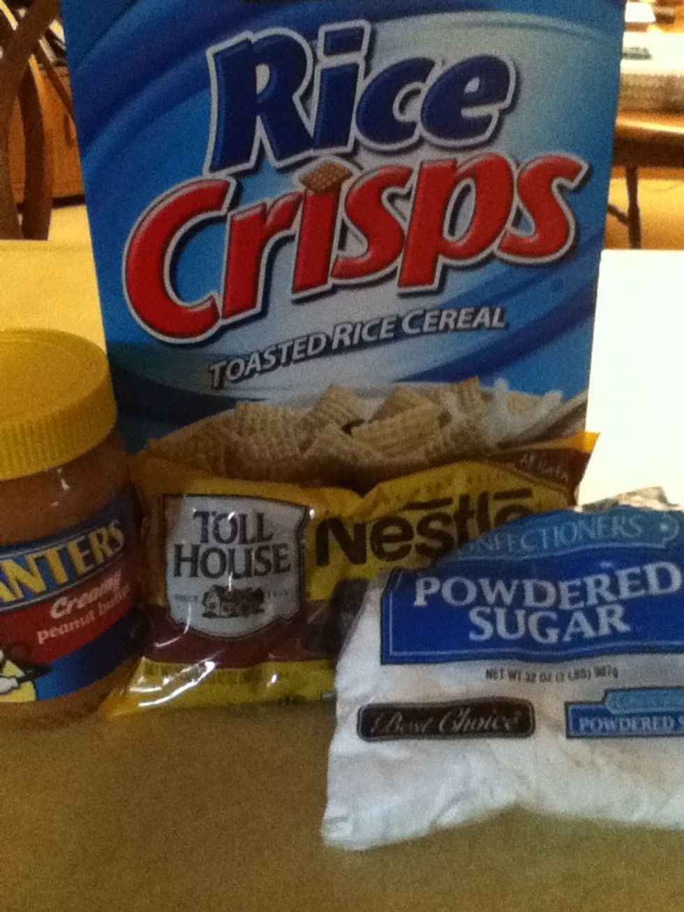 Extract your items which are Semi sweet chocolate chips, powdered sugar, chex cereal, and peanut butter.