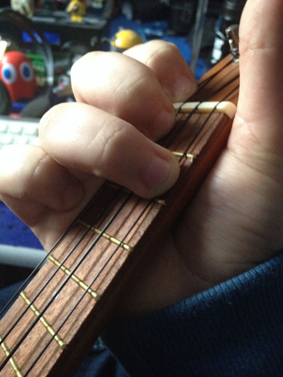 F chord. 2nd string, 1st fret. 4th string, 2nd fret.