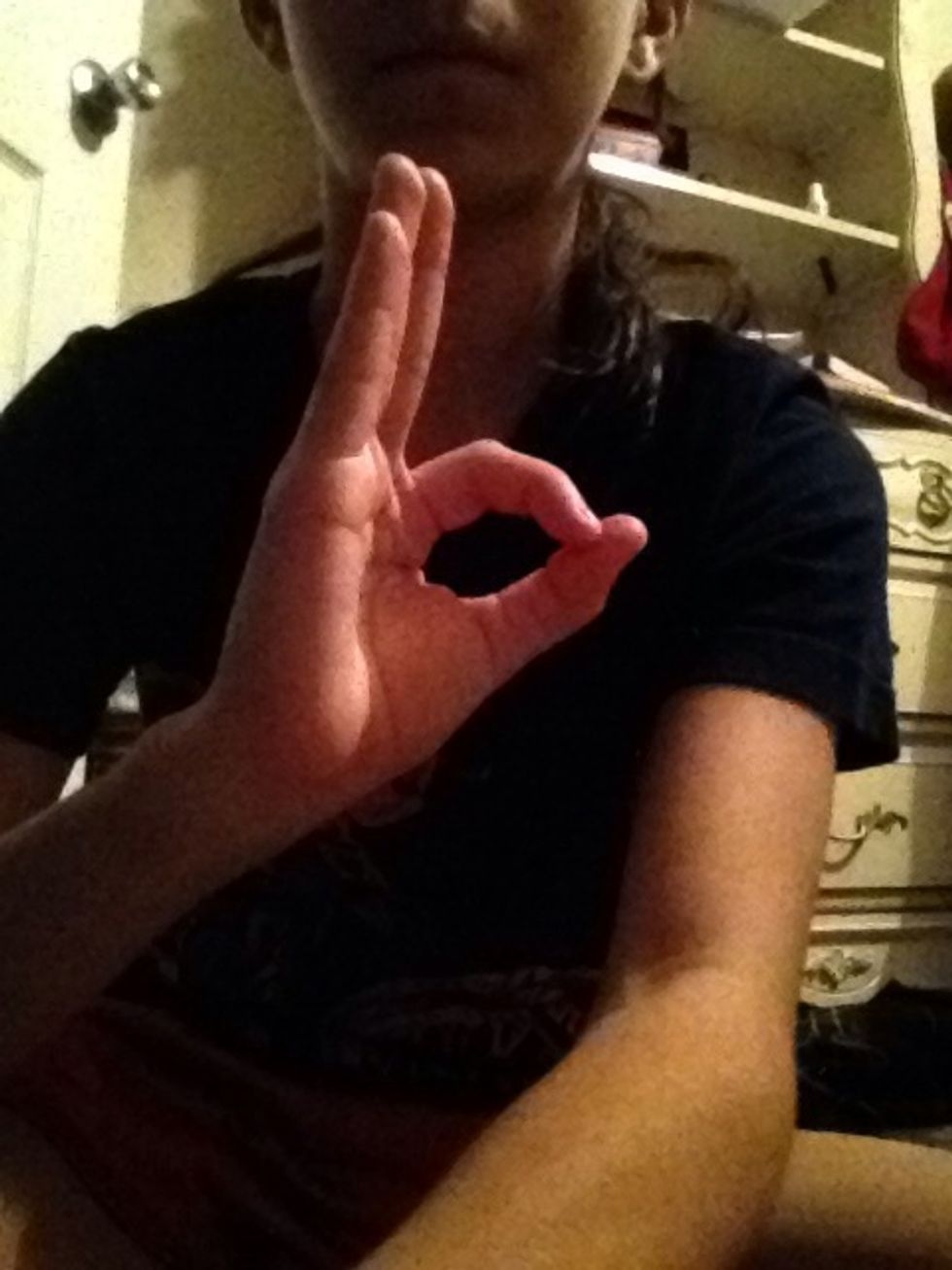 "F" watch out this gets confused with "d" but remember F is three finger and D is one finger up