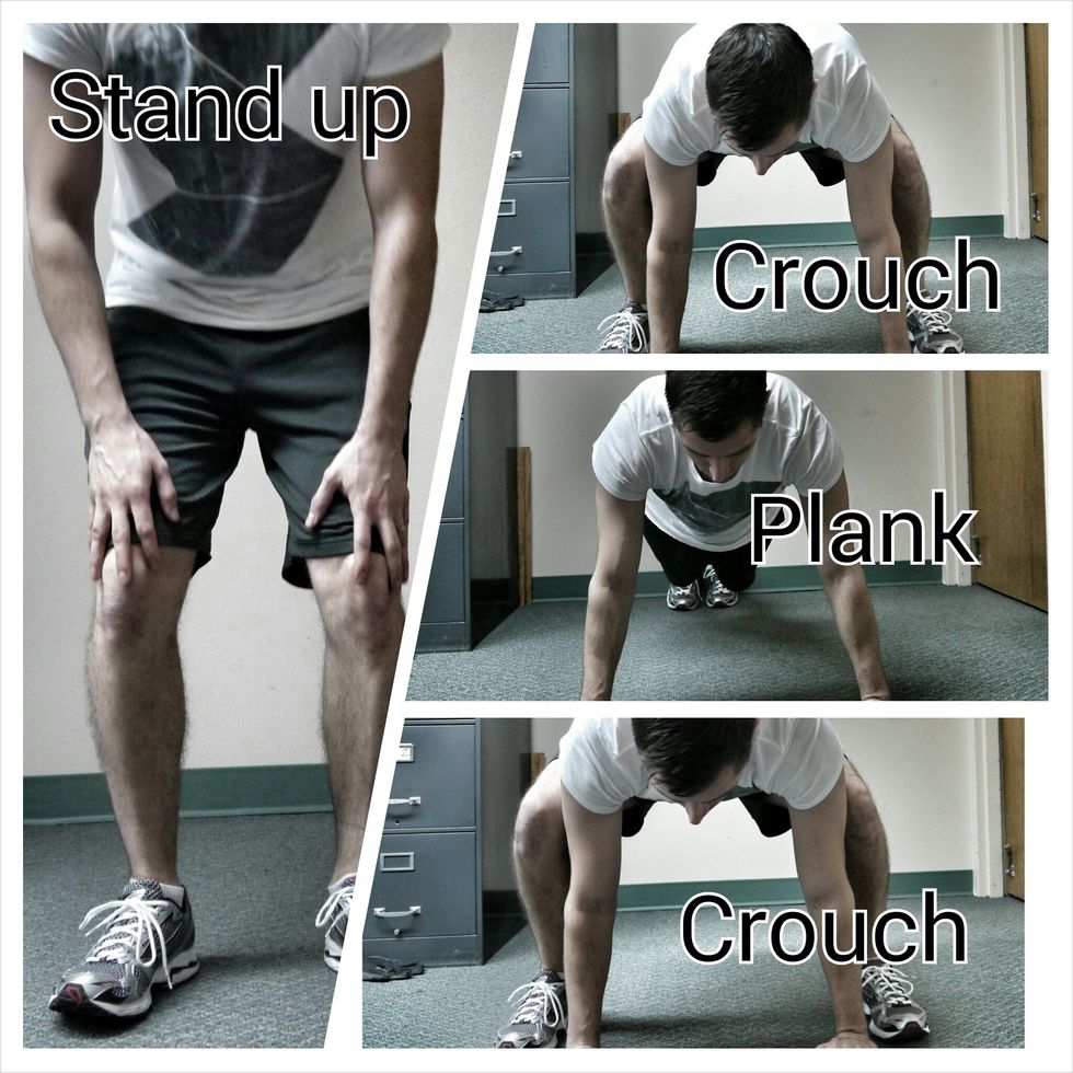 Feet a little more than shoulder width apart. Place your hands on the ground, and step or jump back into a plank. Step back into the crouching position. Stand up and repeat.