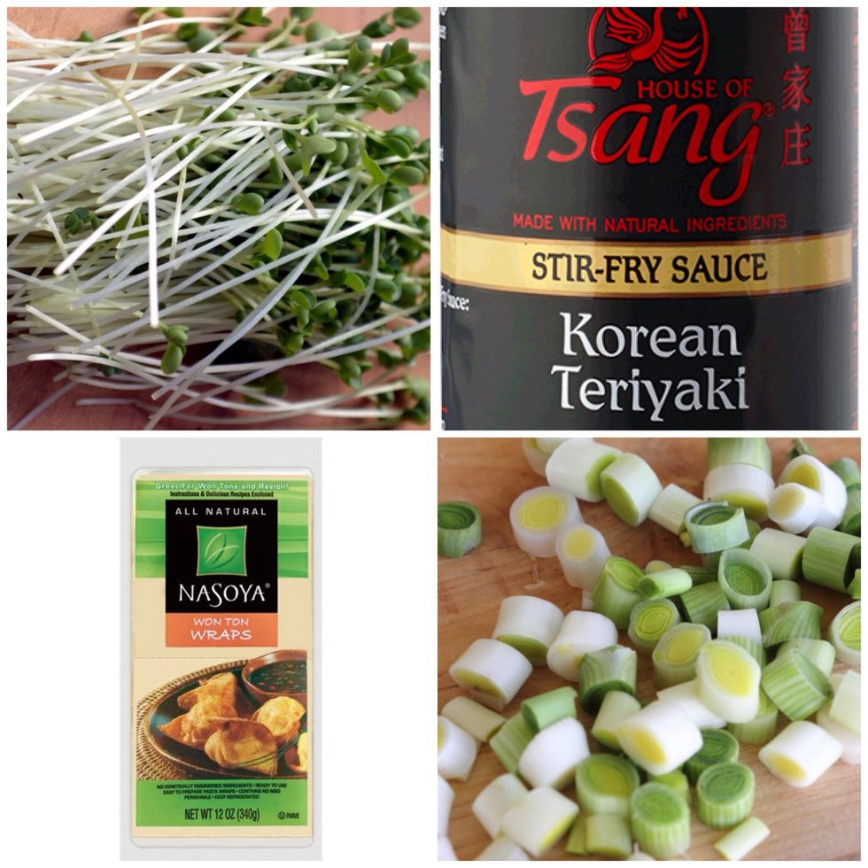 Few of the ingredients used. Kale sprouts, chopped green onion, mushrooms, wonton wraps. Korean BBQ teriyaki added a nice flavor to the meat when cooked. Step 1 is to mix your ingredients together.