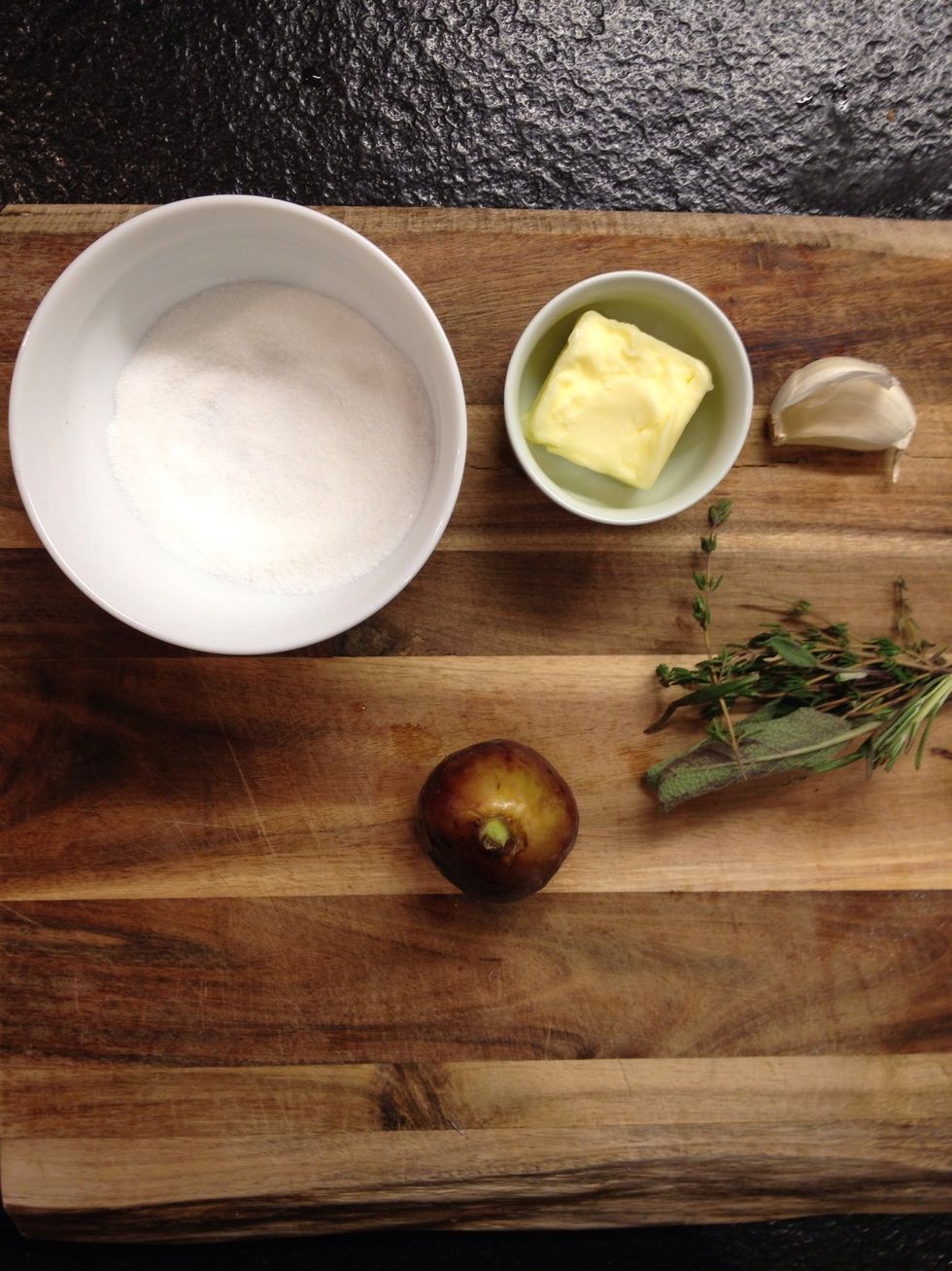 Figs and sugar. Herbs, garlic and butter are optional.