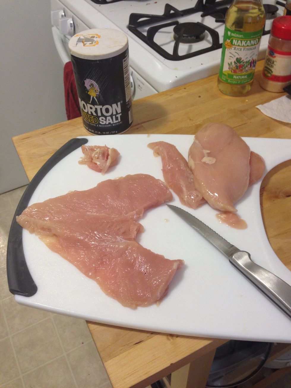 Filet your 2 chicken breasts.