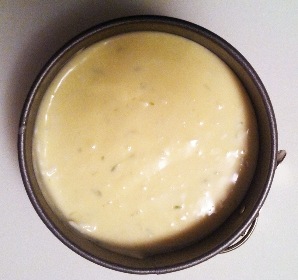Fill 2/3 of the pan. Bake at 250 degrees for 1 hour. Leave in oven to set. When the center sets, remove from oven and cool in pan. Wrap and refrigerate.