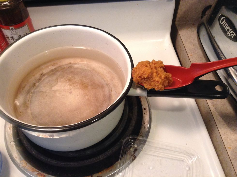 Fill a 2 quart pot about 2/3 of the way full (it appears less full in the picture than it really is) and add 2-3 tablespoons of Organic Aka Miso paste.