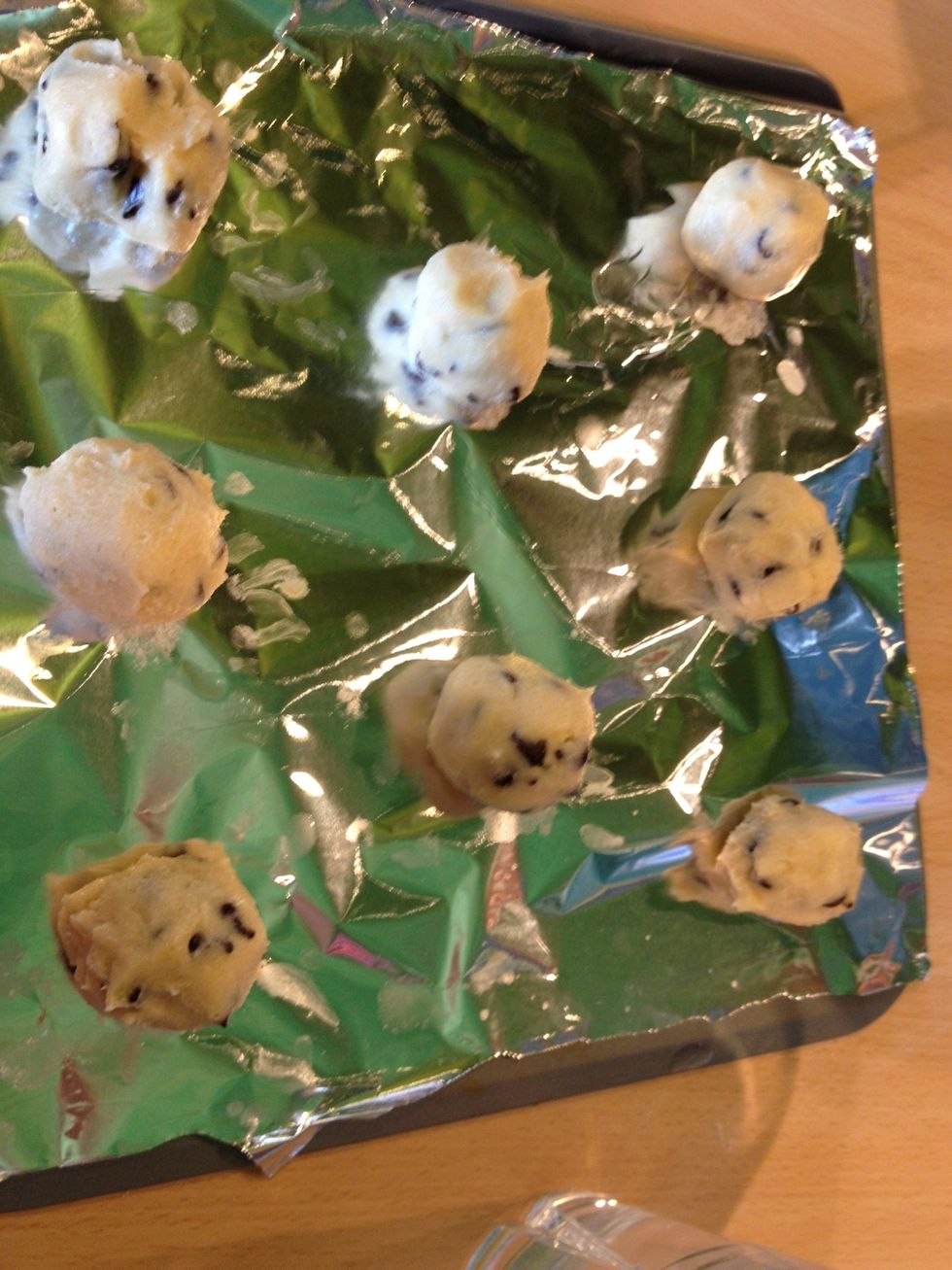 Fill a baking sheet.and bake for 10 minutes. It's easy to overbake cookies as thy need to come out not brown but just before that point. It's better to take them out a little early as they harden.