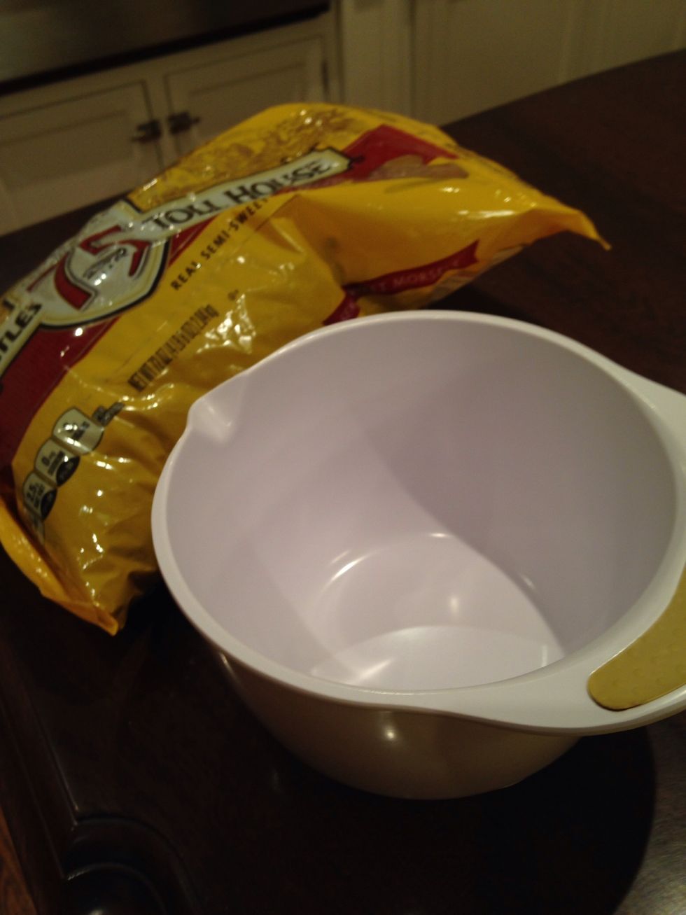 Fill a small bowl with chocolate chips and microwave at 10 second intervals. I did 4