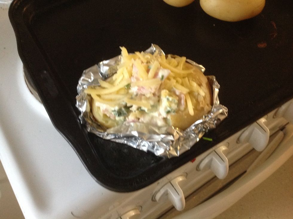 Fill and add cheese then pop back in the oven for 5-10 minutes to cook the bacon and melt the cheese