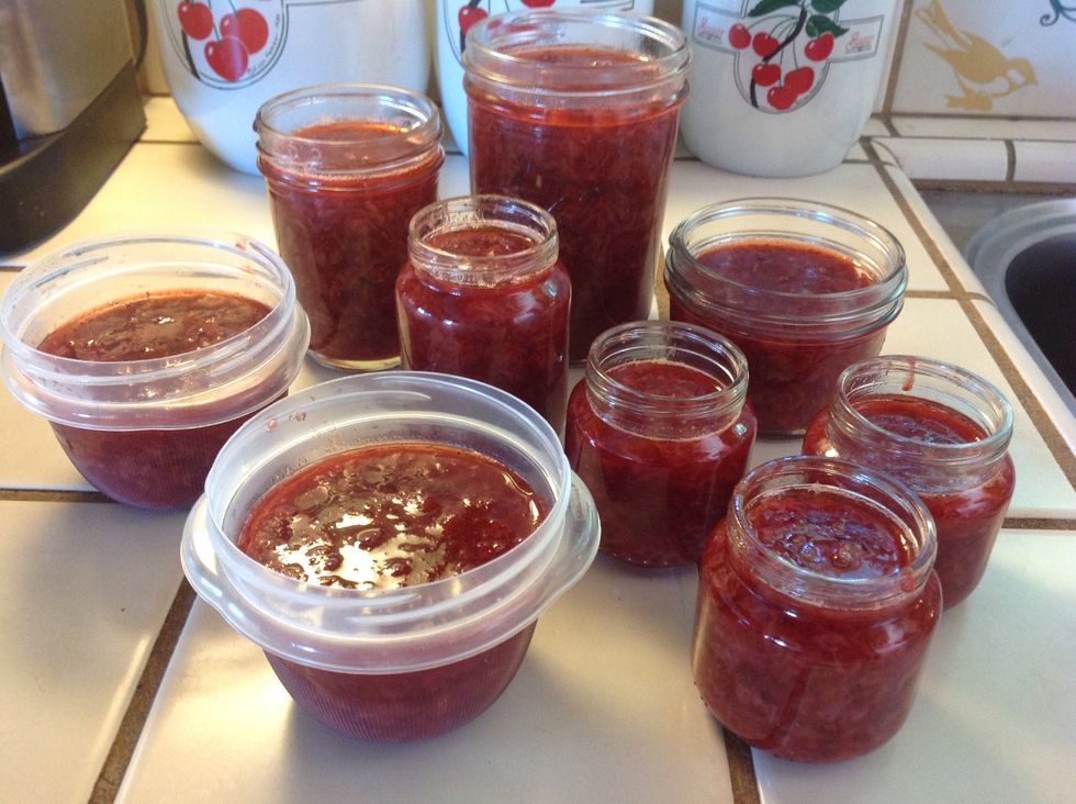Fill containers with jelly.  Allow to cool before storing in the refrigerator (or freezer).   Do not put in cupboard!  Share your bounty with others & they will be amazed at your greatness!