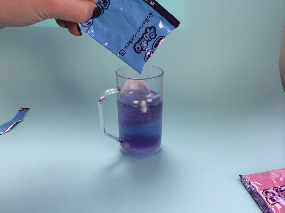 Fill cup with 120 ml Water --Dump BLUE Pack #1 Into Cup