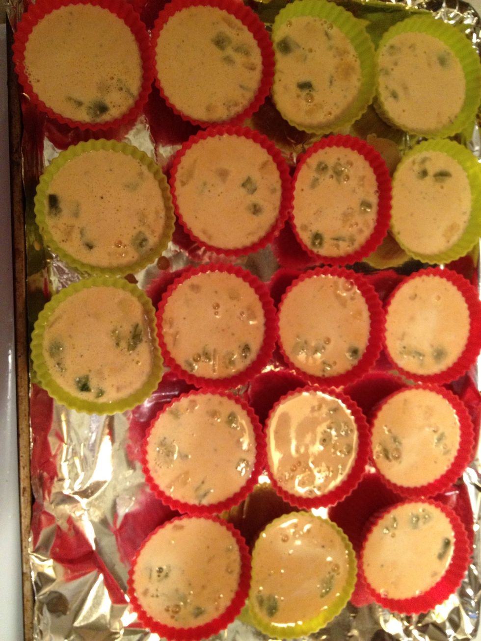 fill each muffin tin and bake on oven at 350F for 30 minutes or until u insert a toothpick in the middle and it's dry