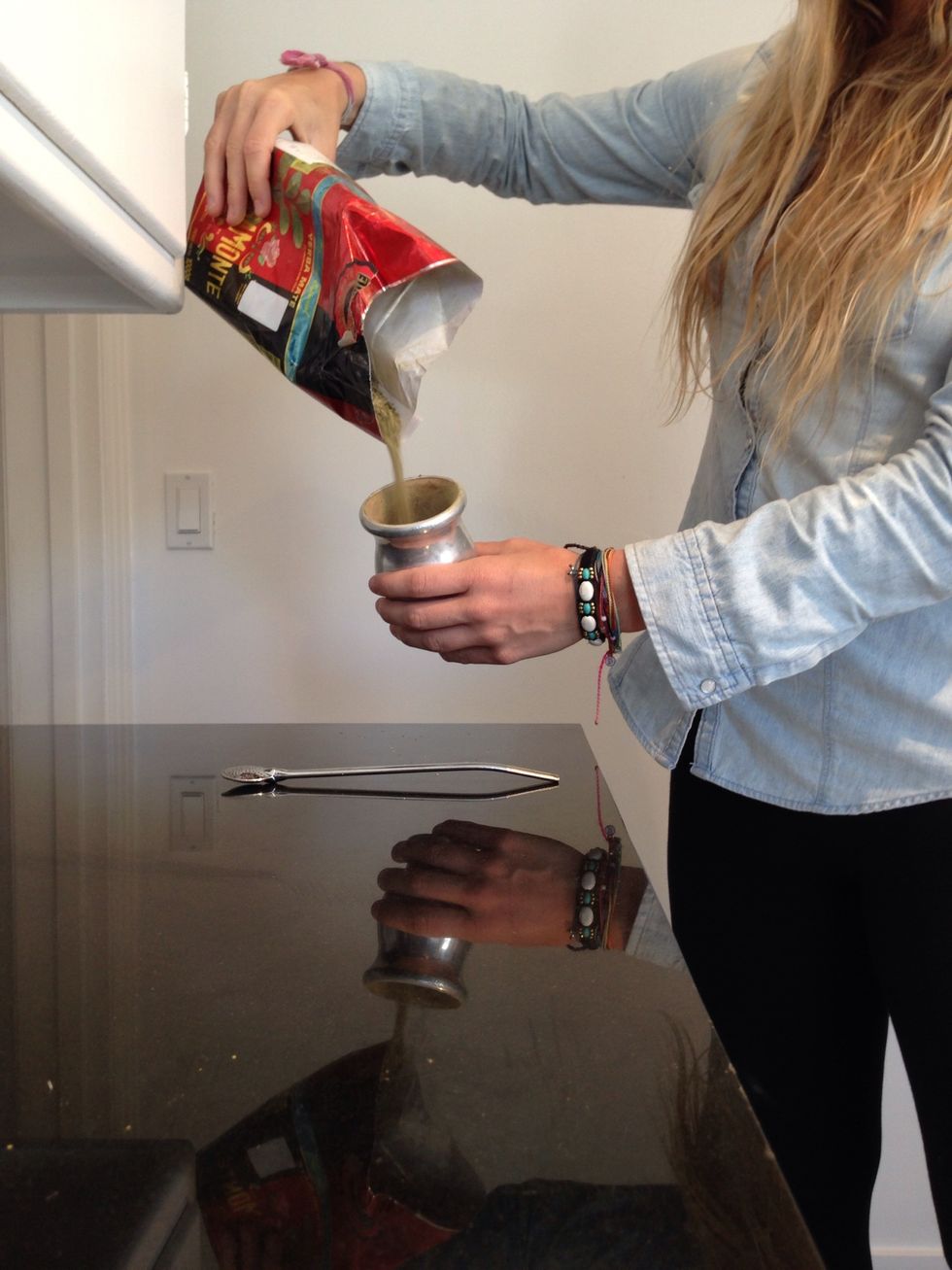 Fill gourd 2/3 - 3/4 full of loose-leaf yerba mate