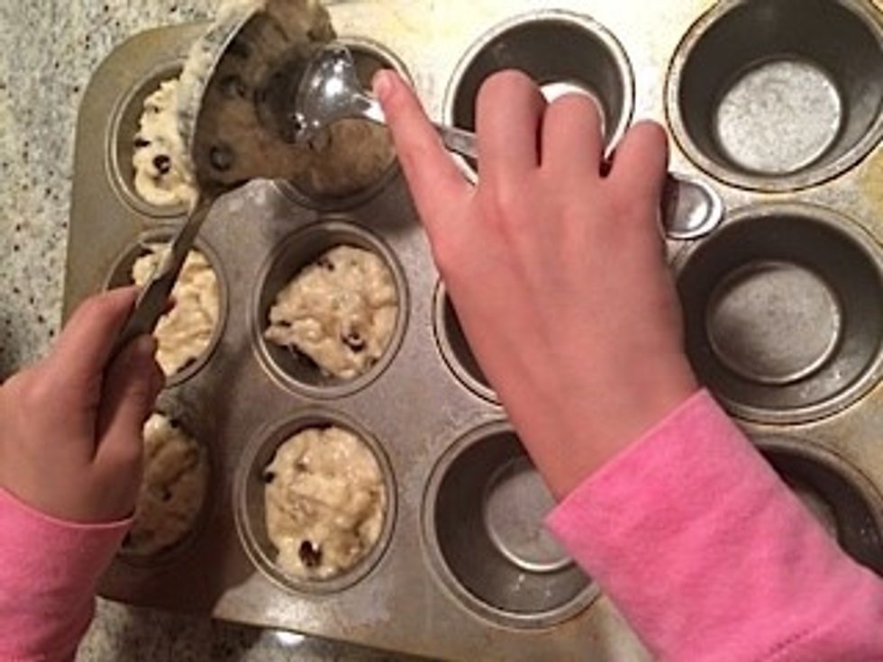 Fill greased muffin tins 1/3 full.