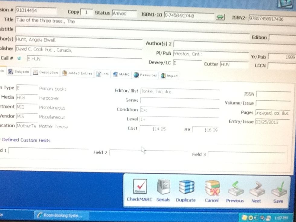 Fill in Dewey, cutter, type, media, illustrator, series, condition, cost, and pages.