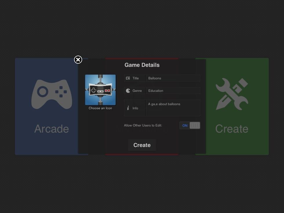 Fill in the details of your game. Give it a NAME and a GENRE. You can also add some information about what it is about. Mine is called "Balloons."
