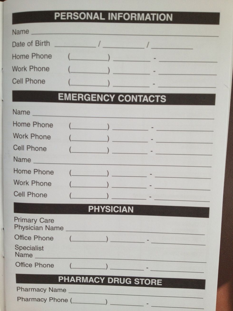 Fill in your basic and emergency information, your Primary Dr, Specialist and Pharmacy information