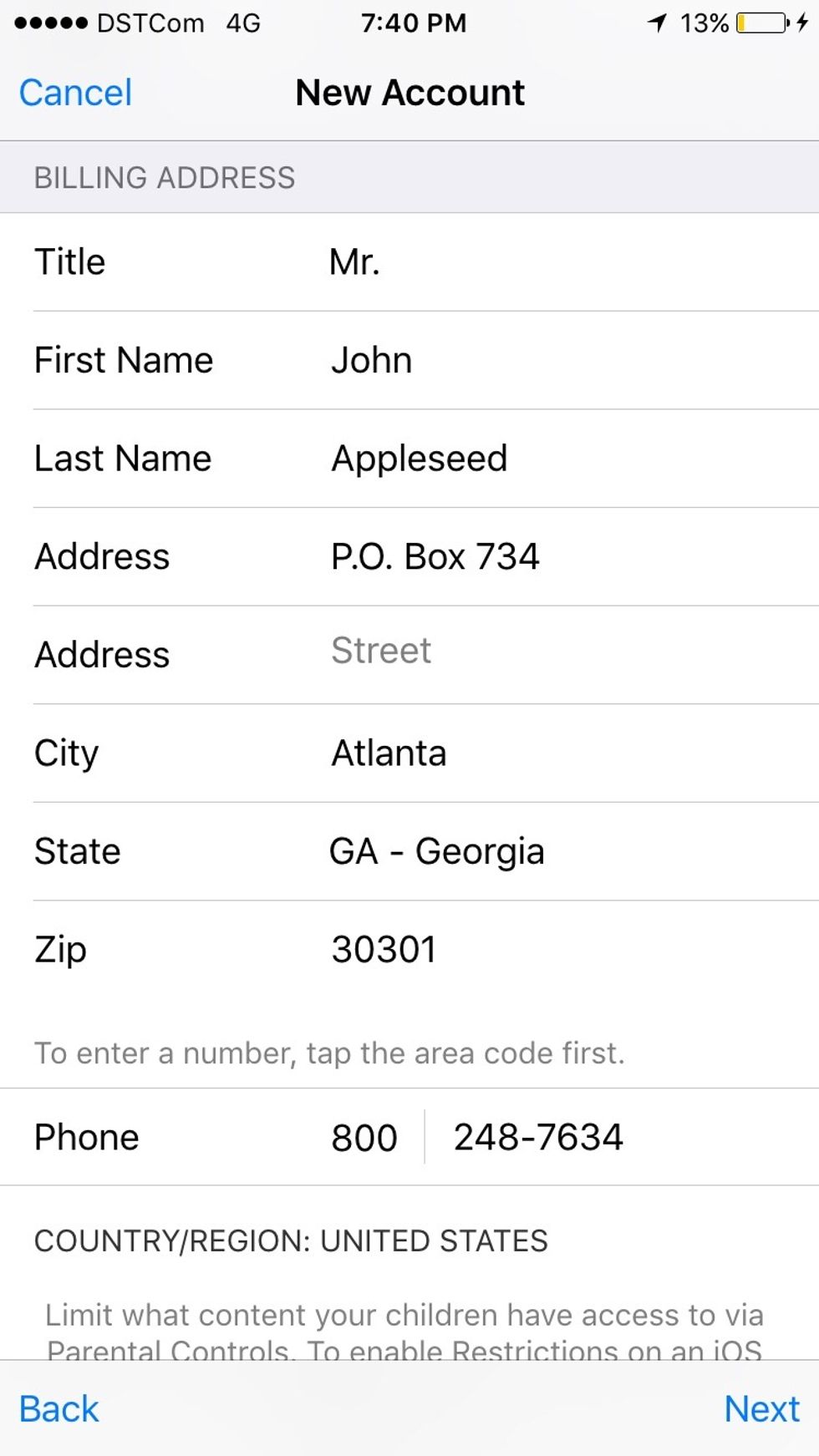 Fill in your name and for the Address, City, State, Zip code, and Phone, just follow the screenshot
