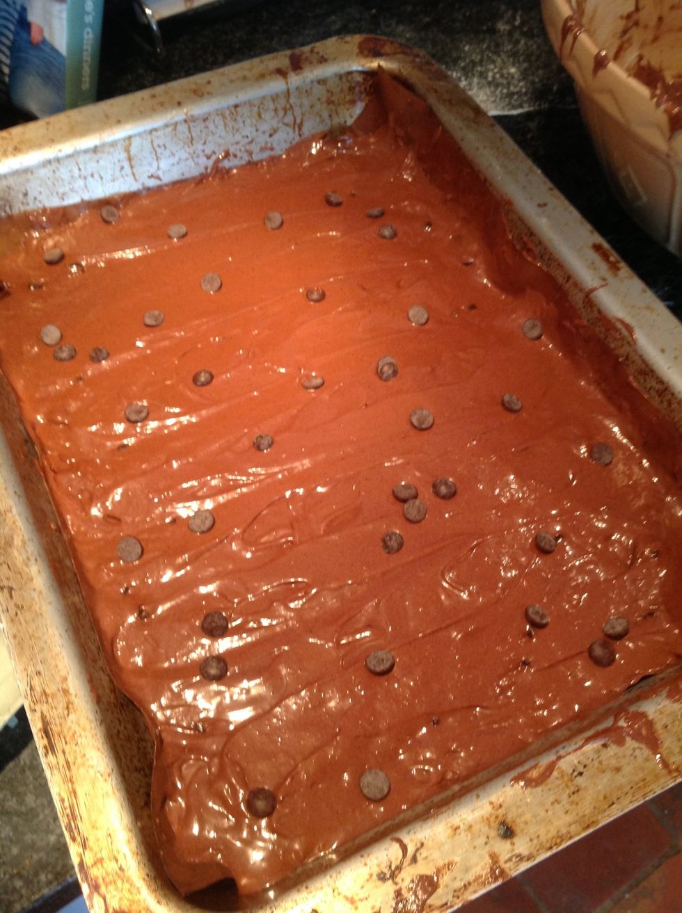 Fill it up with the batter, and sprinkle a few chocolate chips on top.