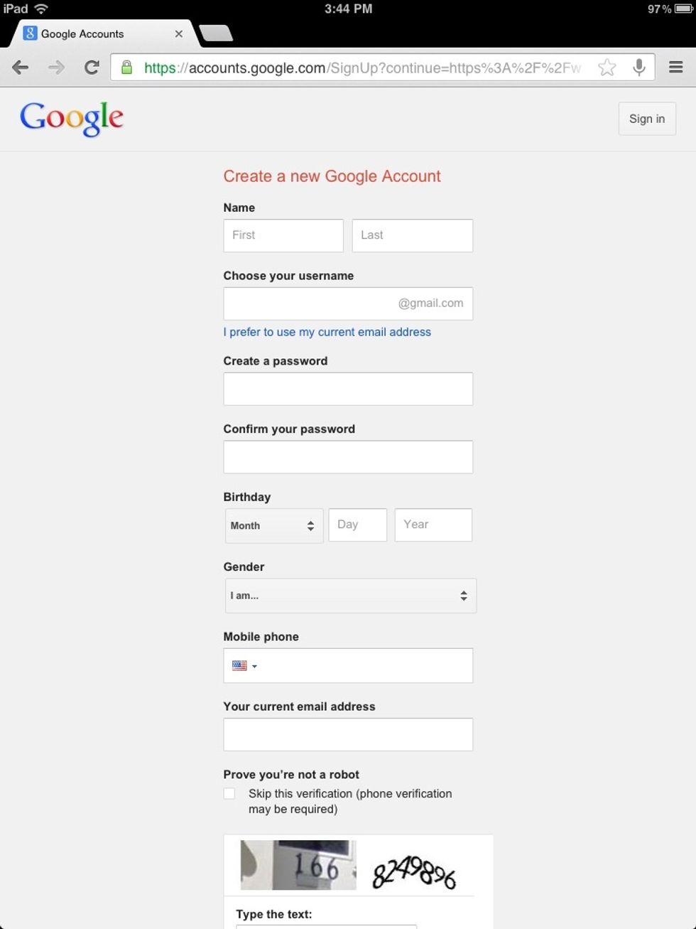 Fill out the information fields to set up your Gmail account. Once your account is created, return to the main page of Google.