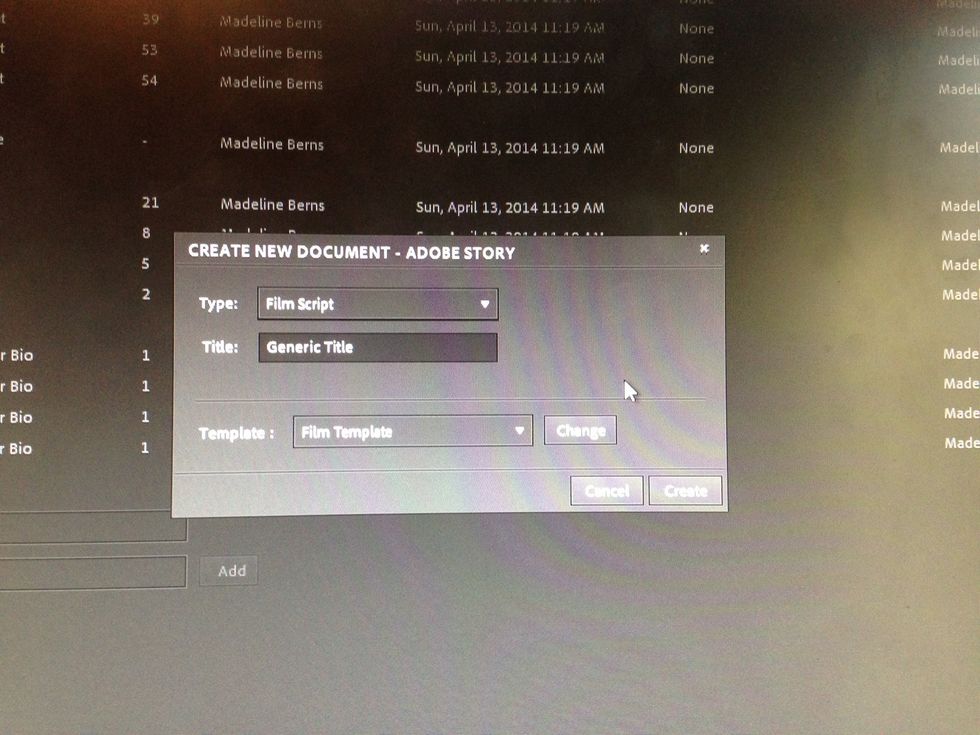 Fill out the pop-up so that it applied to a film script. Type in whatever title you like! Then, click "Create."