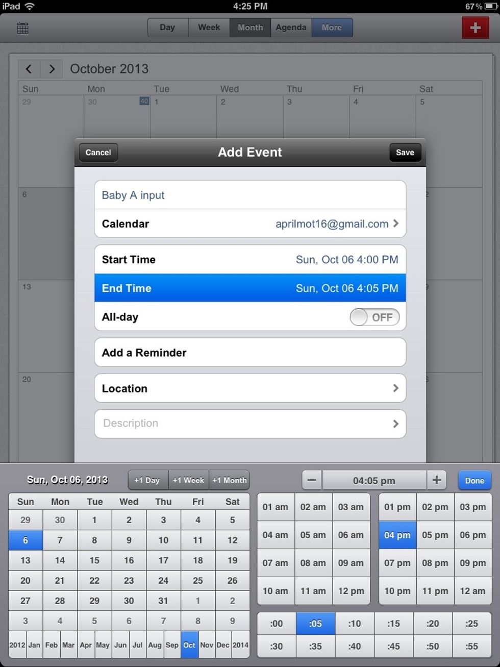 Fill out the remaining fields to create the event and click the 'Save' button. The description section is for info about the clients evaluation (and re-evaluation) to keep track of progress.