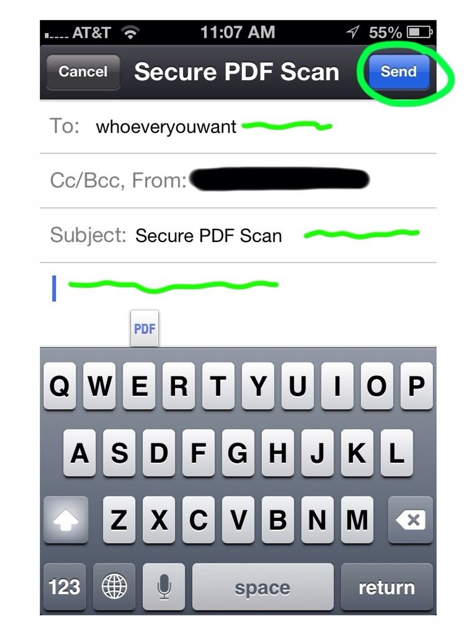 Fill out the To: field and the subject line and touch the Send button. You can type a message into the email if you like.