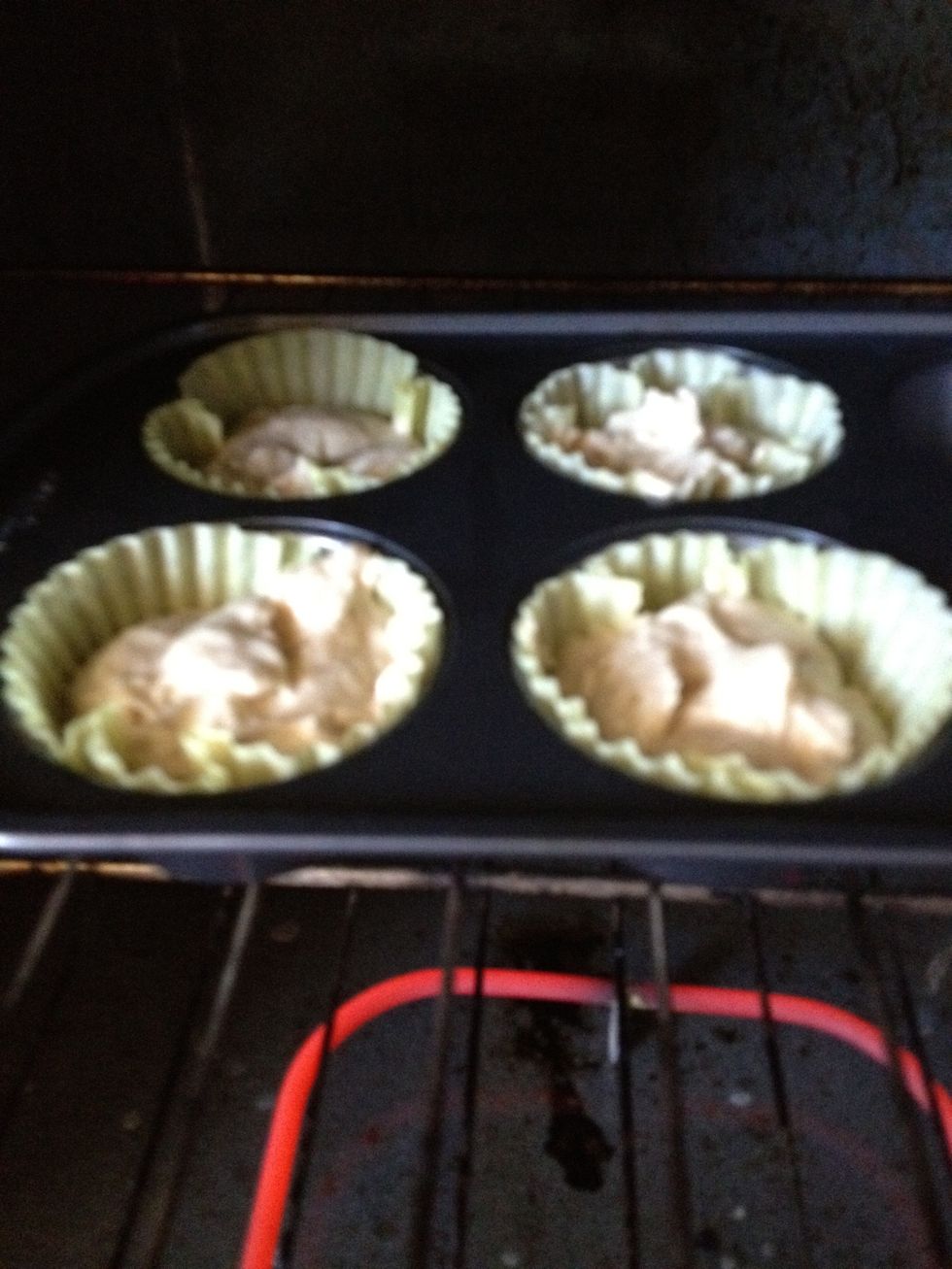 Fill prepared muffin tray with liners about 3/4's the way full and bake at 350. Mine took about 12 mins. My oven tends to run a little hot so yours may take a little more time.