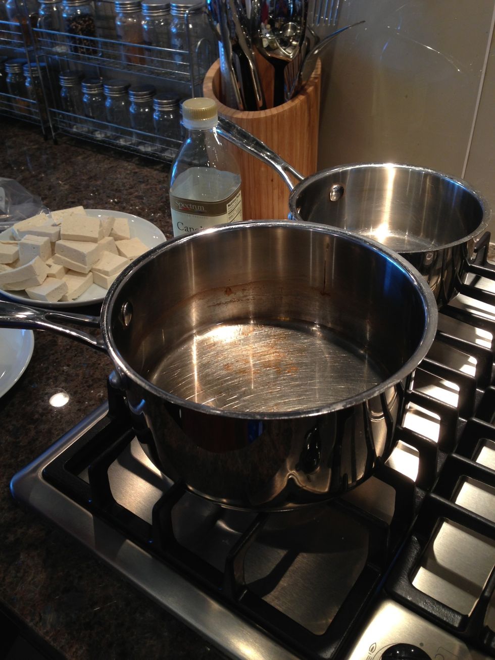 Fill saucepan with oil (1/4 inch high). Med high heat