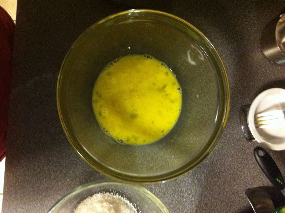 Fill second bowl with 3 whisked eggs