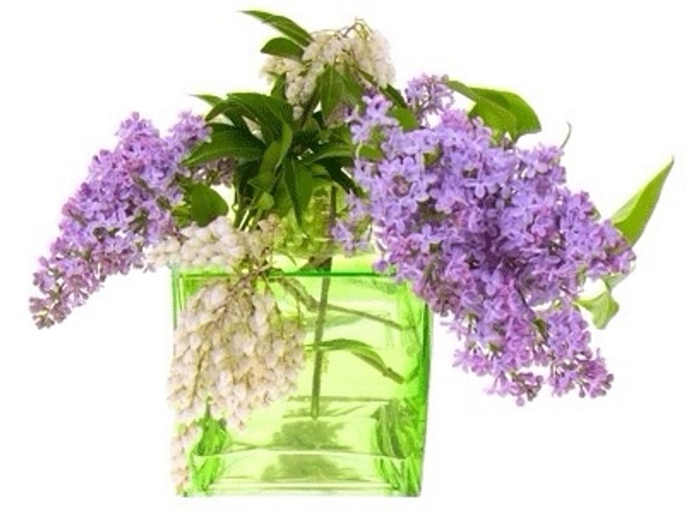 Fill the cube with preservative water and begin by placing your draping stems. Just pick a square in the grid and set the stem in place. The grid allows you to use almost any material.