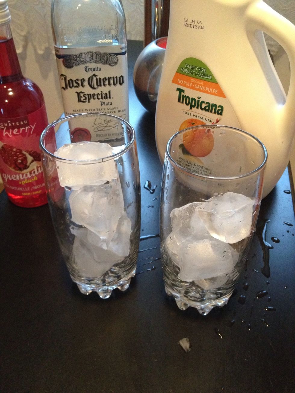 Fill the glasses about half way with ice
