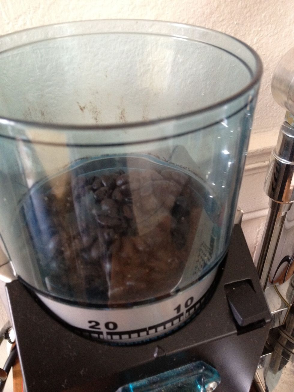 Fill the hopper with your favorite bean and set the grinder low enough for a fine espresso grind. On the Rocky, I start with 14-15 for most beans and adjust as necessary to perfect the pull.