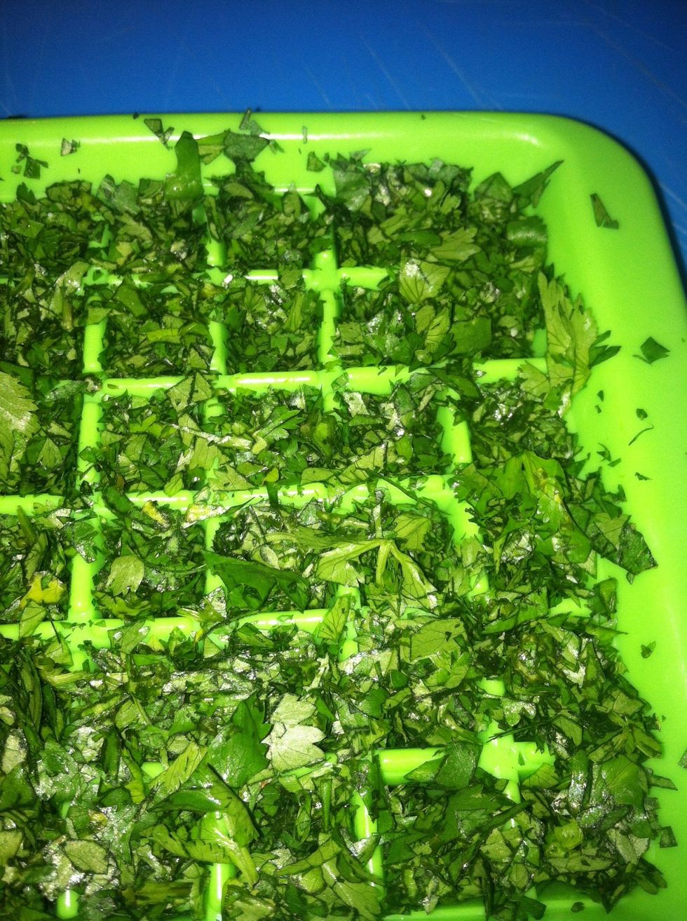 Fill the ice cube tray with your herbs. I bought this one at the grocery store. You may want to look for a ice cube tray that allows you to make small cubes- that way you only use what you need.