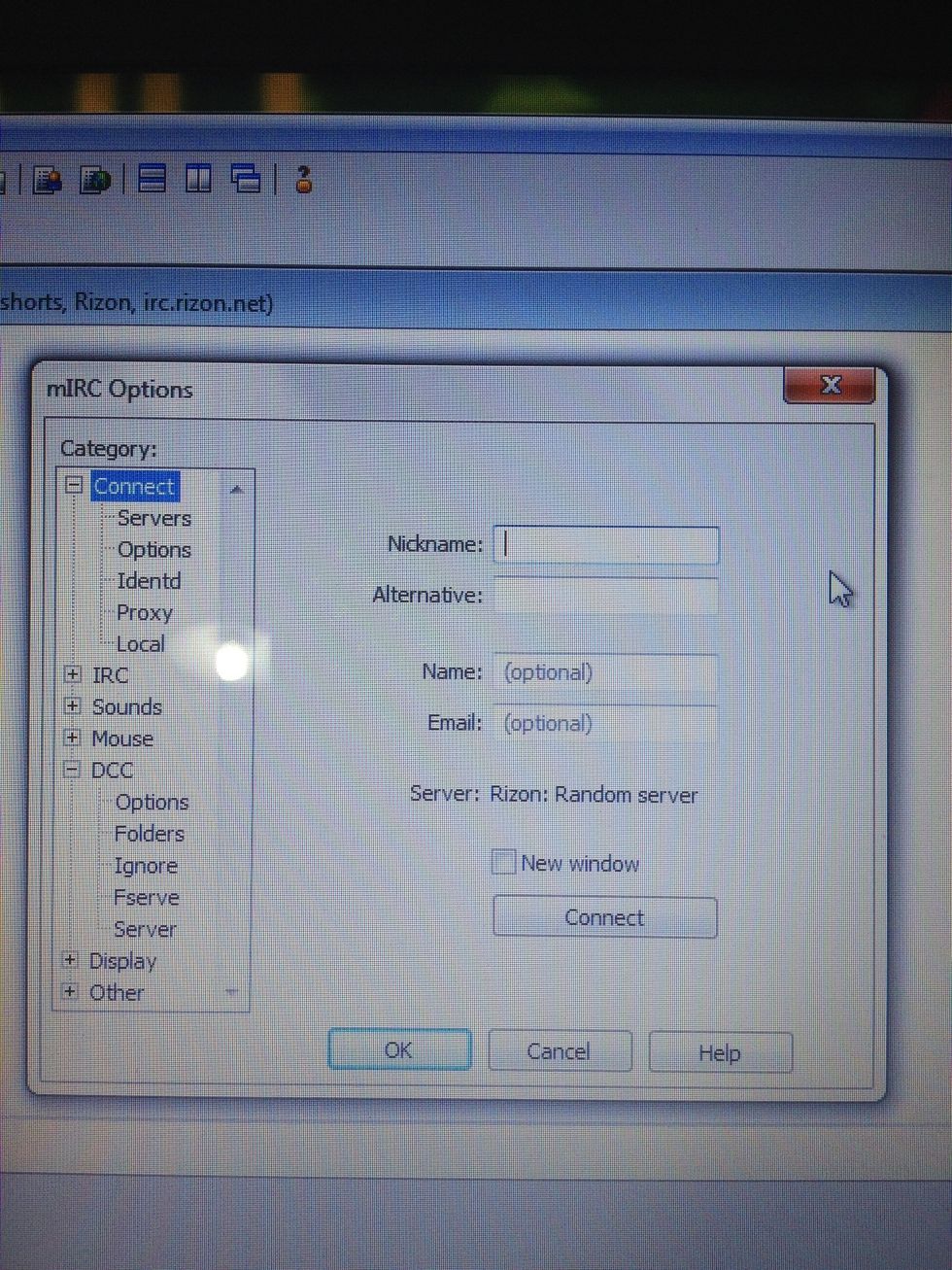 Fill the information and click connect. Ignore alternative nickname. If for some reason the server you are using is not Rizon, click on Servers (under Connect) and look for it.