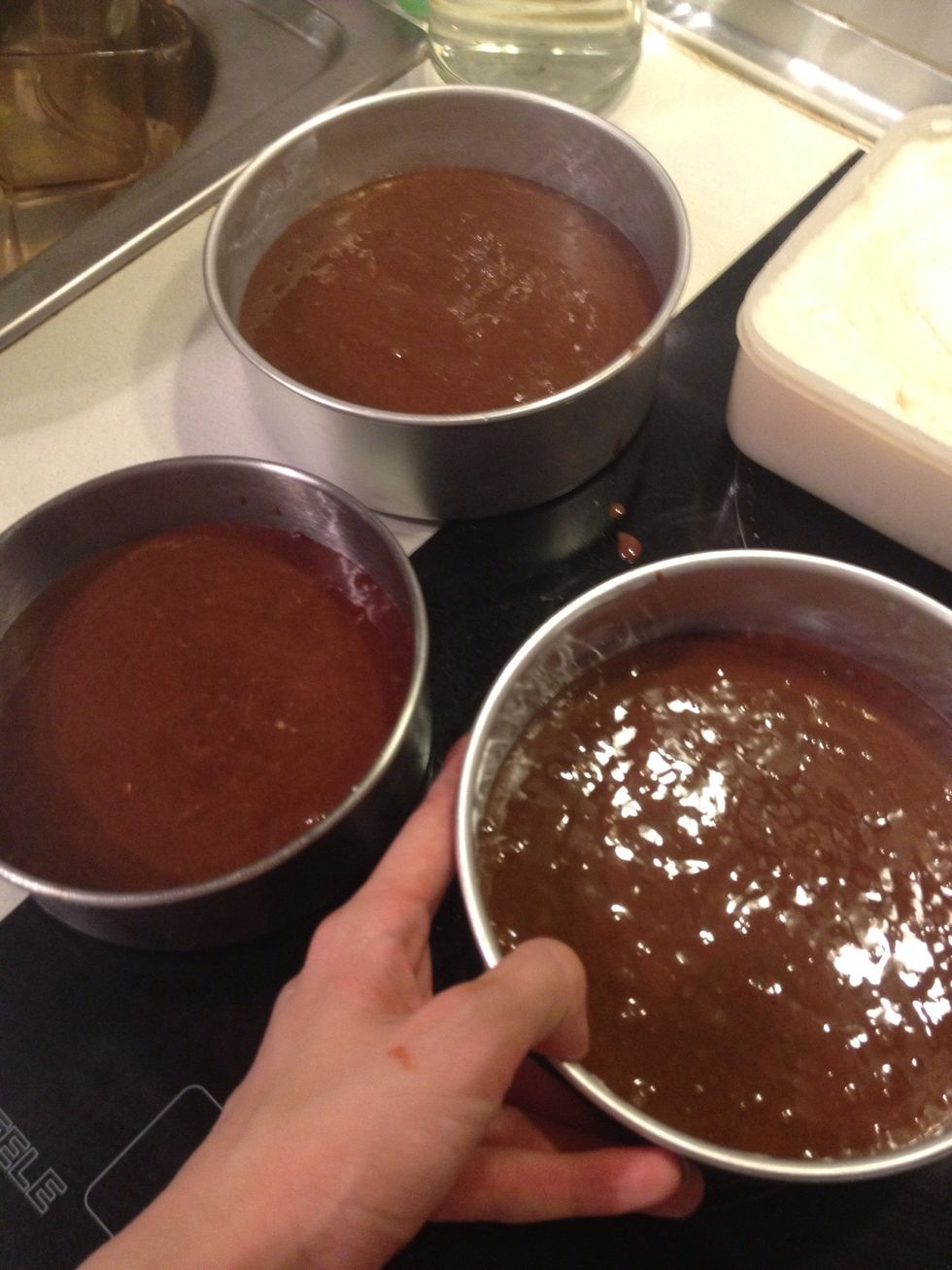 Fill the pans and tap them lightly on the table to get rid of bubbles.  Tip \ud83d\udca1shortening is a very good convenient pan greaser, keep a tub of it around.
