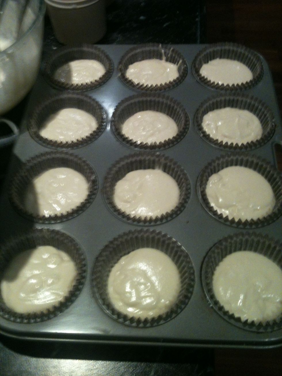 Fill the party pans about halfway with mixture and pop them in the oven for 20 - 25 mins, until a skewer (or a chopstick in my case) inserted into it comes out clean.