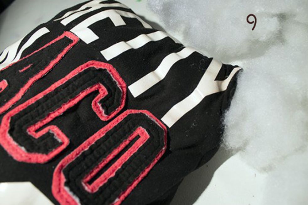 Fill the pillow with polyester stuffing, through the gap that you left. Once satisfied with the amount of stuffing inside, close up the gap. Thread a needle and hand sew the opening closed.