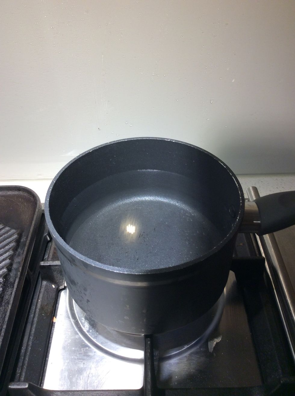 Fill up sauce pan at about 3/4 quarters full, wait around 4-5 minutes for the water to boil at medium heat.