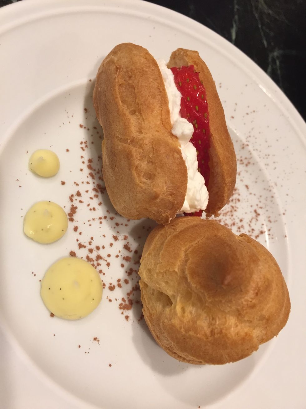 Fill with desired pastry cream flavors and plate.