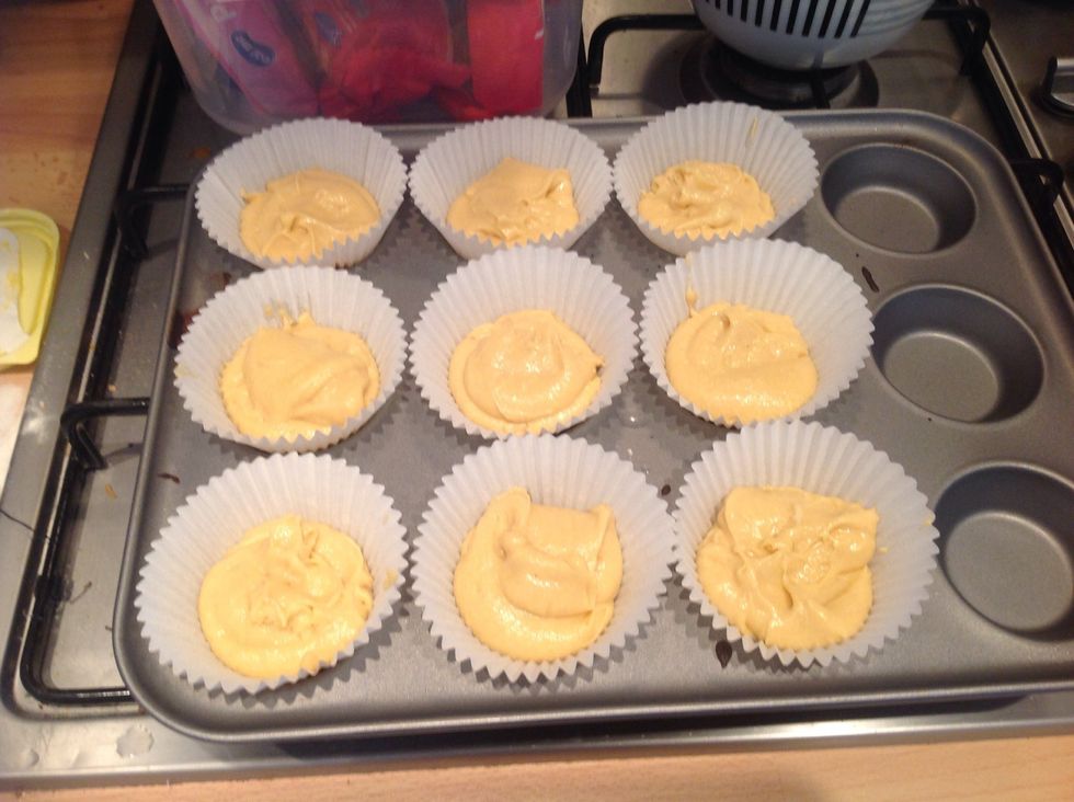 Fill your cupcake cases by half with the mixture in a cupcake baking tray, I used quite big cases but this mix will easily fill 12-16 small cases