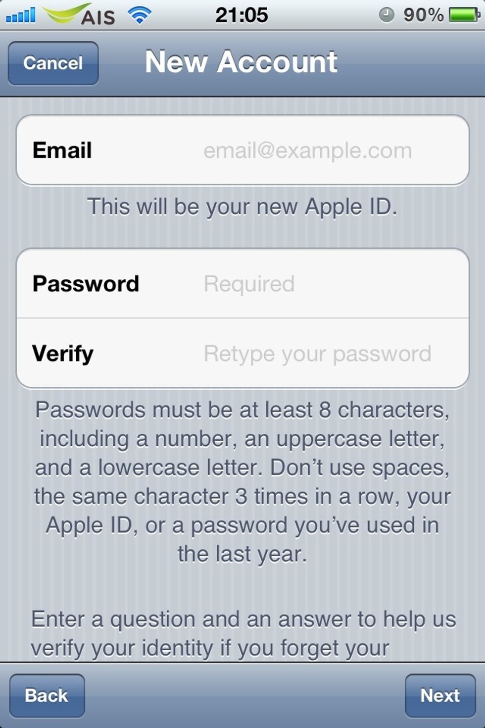 Fill your email address, create new password for your Apple ID. (must has a uppercase, a lowercase, a number, all of your password must at least 8 characters.