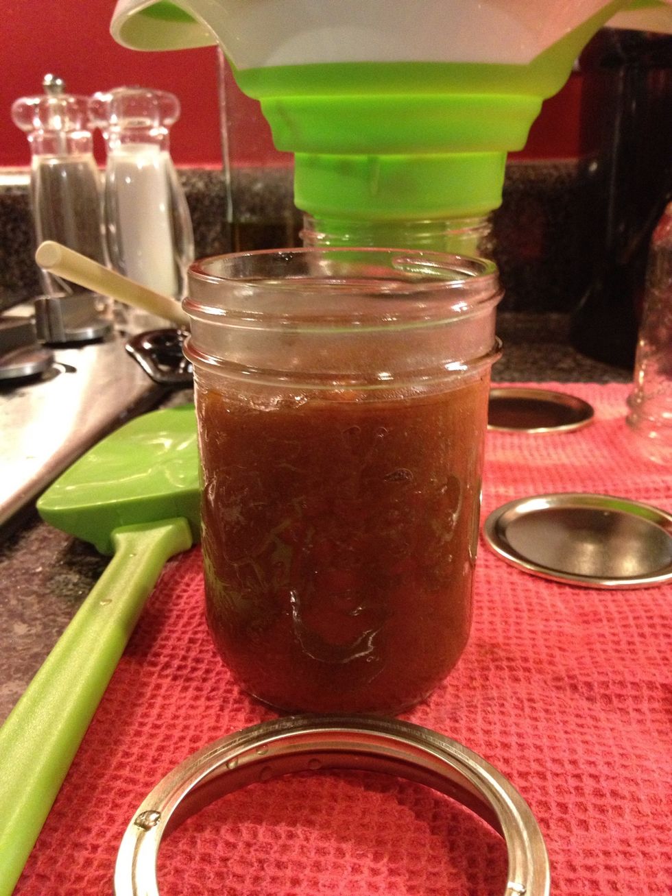 Fill your jar leaving about 1/2 inch of space at the top to allow for food expansion. Some recipes require more than 1/2 inch so read your recipes carefully! Place your lids and screw on your rings.