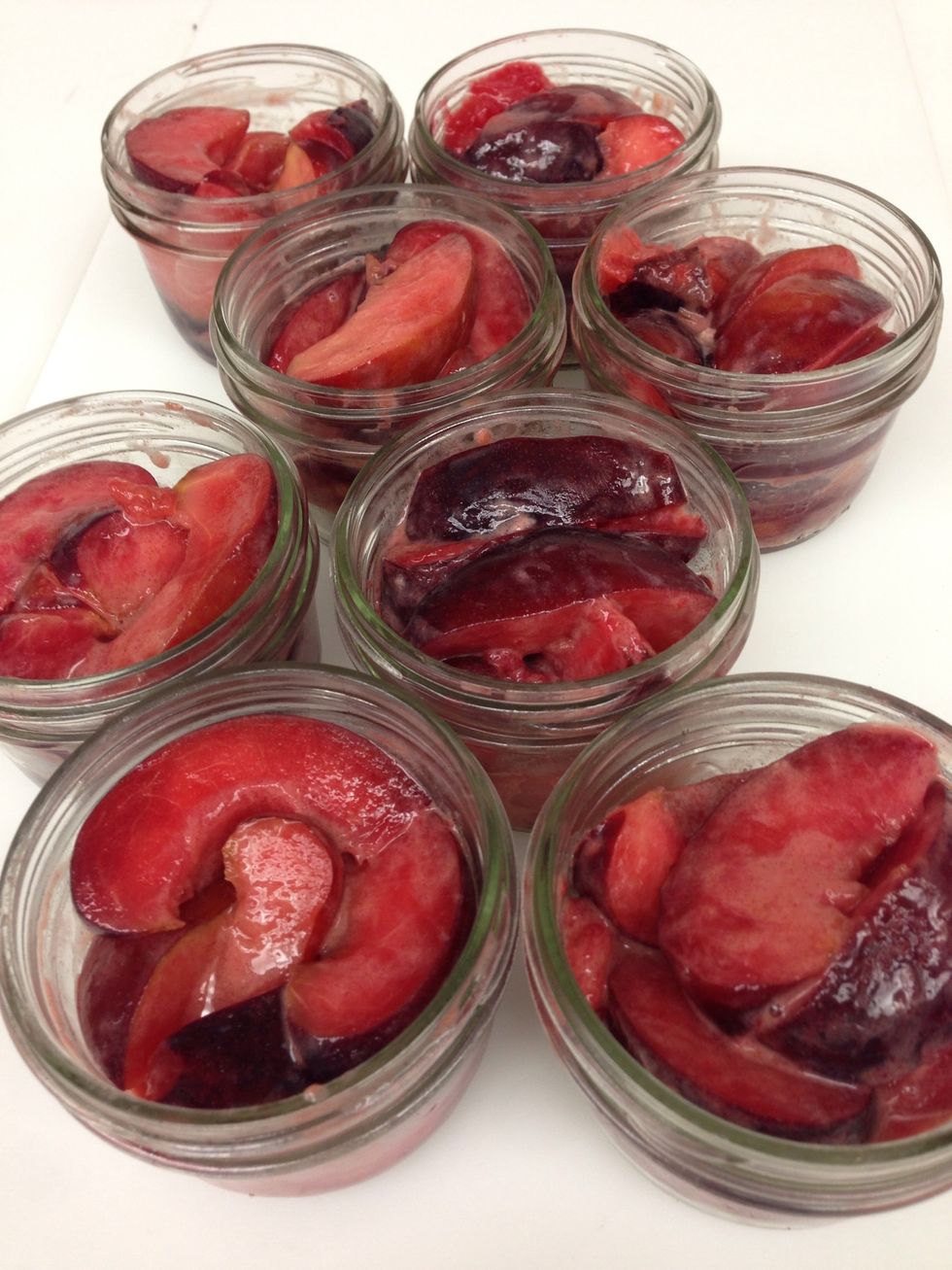 Fill your mason jars with the plums. Squash them down a bit. You can use ramekins too.
