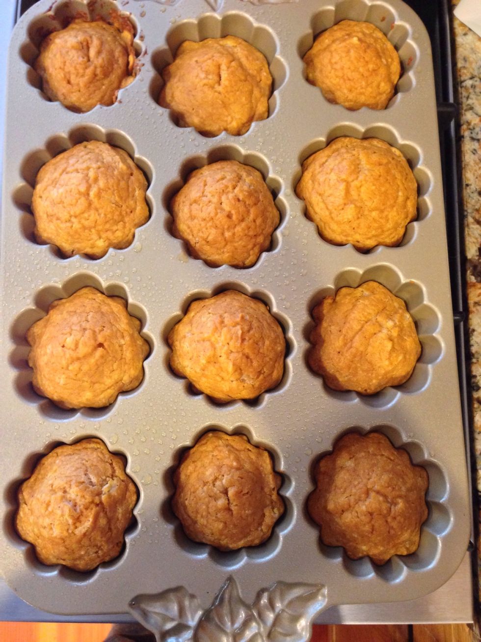 Fill your muffin tin, with batter, only half full! Bake for 20-25 min at 400 degrees Fahrenheit.